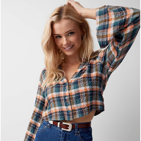 Green and brown boho flared sleeves gauze flannel cropped shirt NWT - Picture 1 of 7